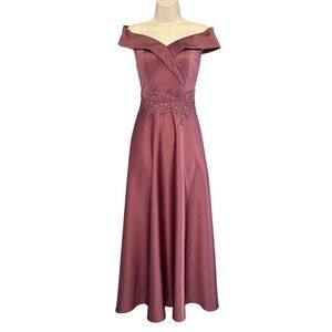OC by Oleg Cassini Embroidered Off Shoulder Satin A-Line Dress in Rosewood Sz 4